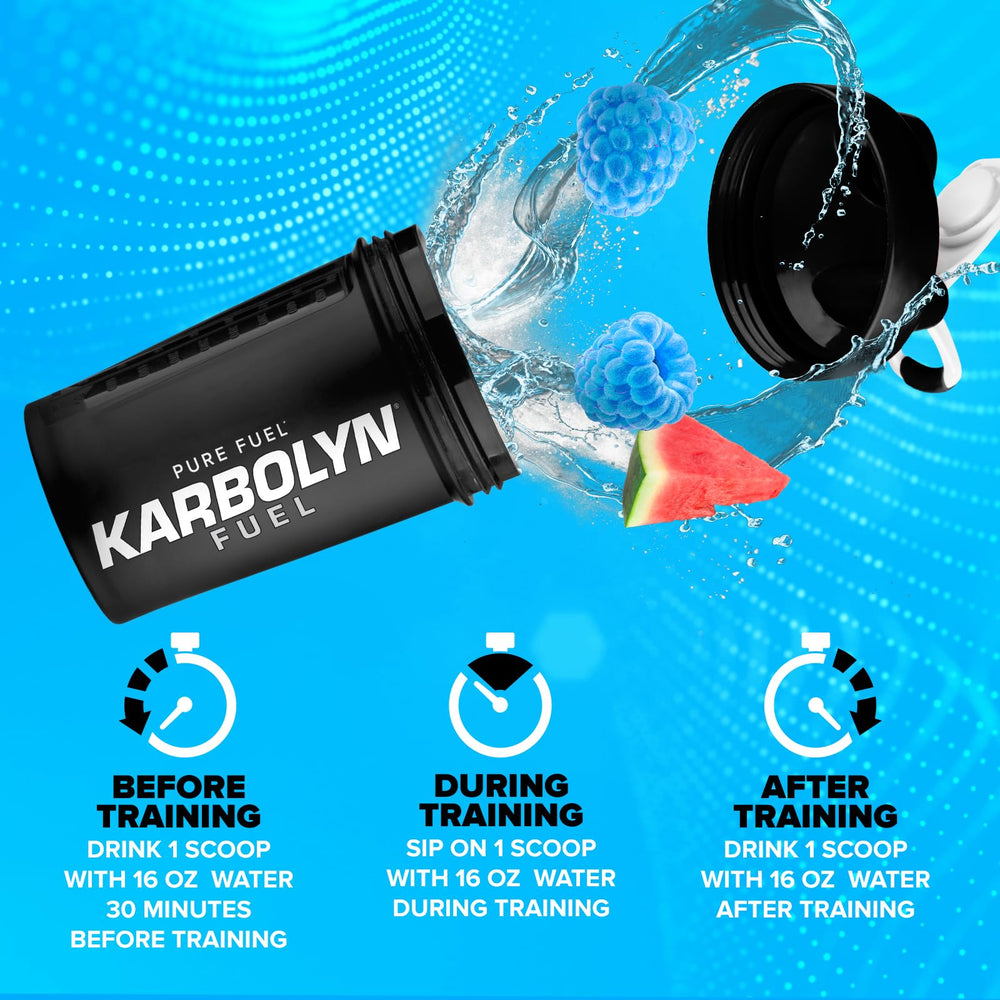 Shaker with mixed Karbolyn Fuel drink highlights blue razz watermelon flavor