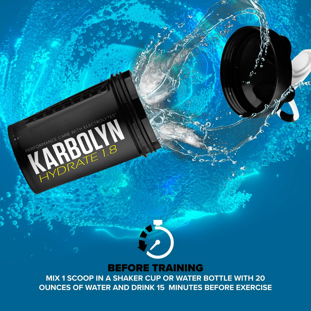 EFX Karbolyn Hydrate sports bottle on gym bench with clear label