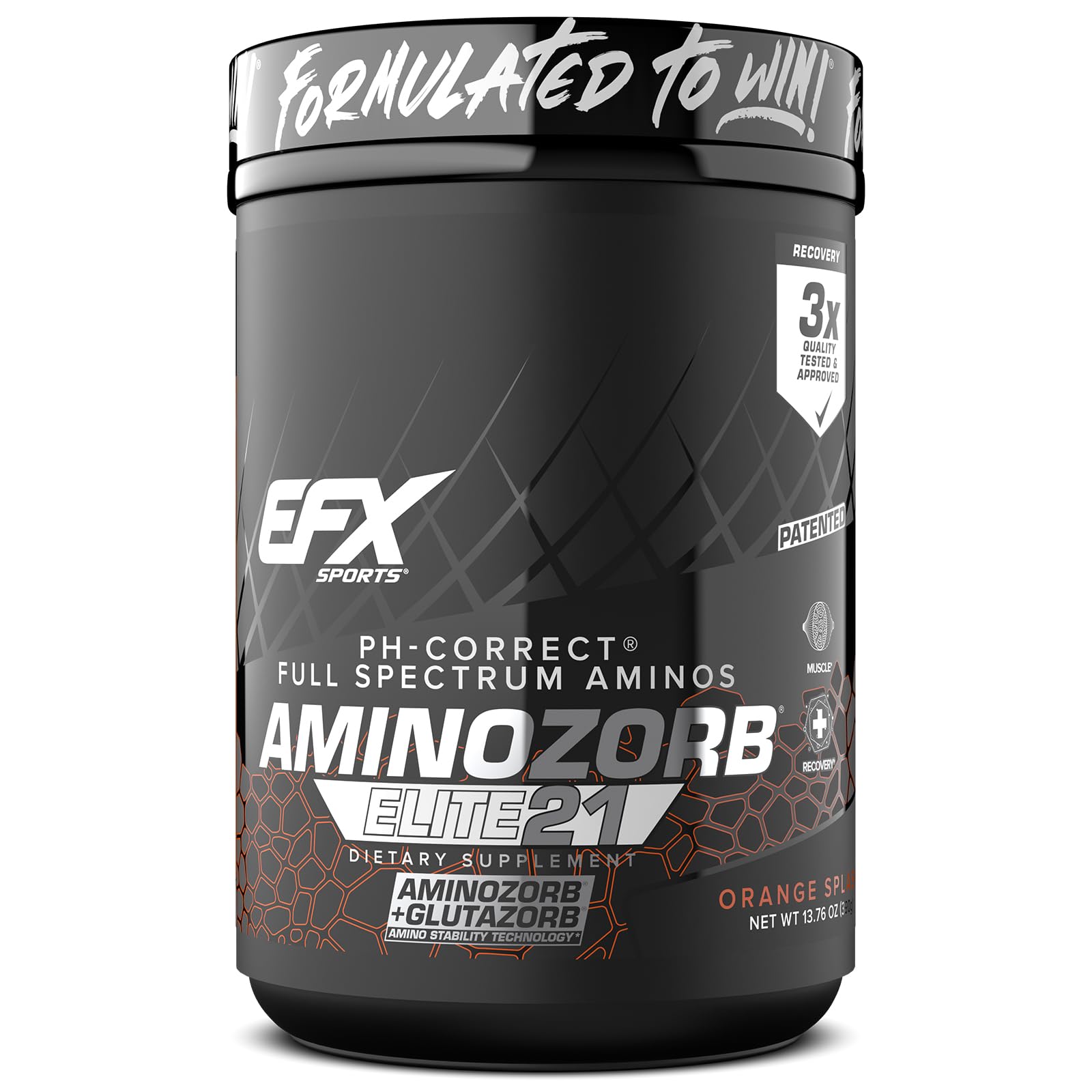 EFX Sports Aminozorb Elite 21 bottle with orange splash label signaling full spectrum amino support.