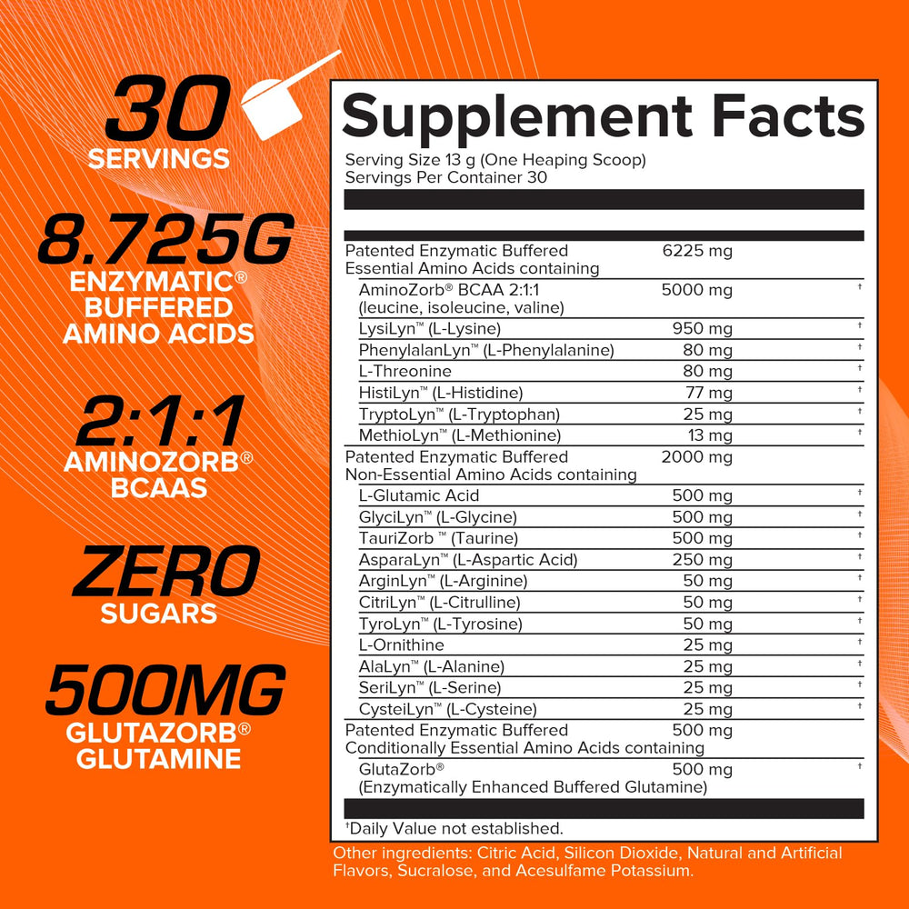 Aminozorb Elite 21 label close-up showing essential amino acids and zero sugar.