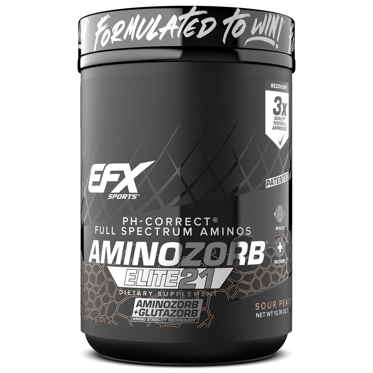EFX Sports Aminozorb Elite 21 tub front showing full-spectrum amino formula and branding