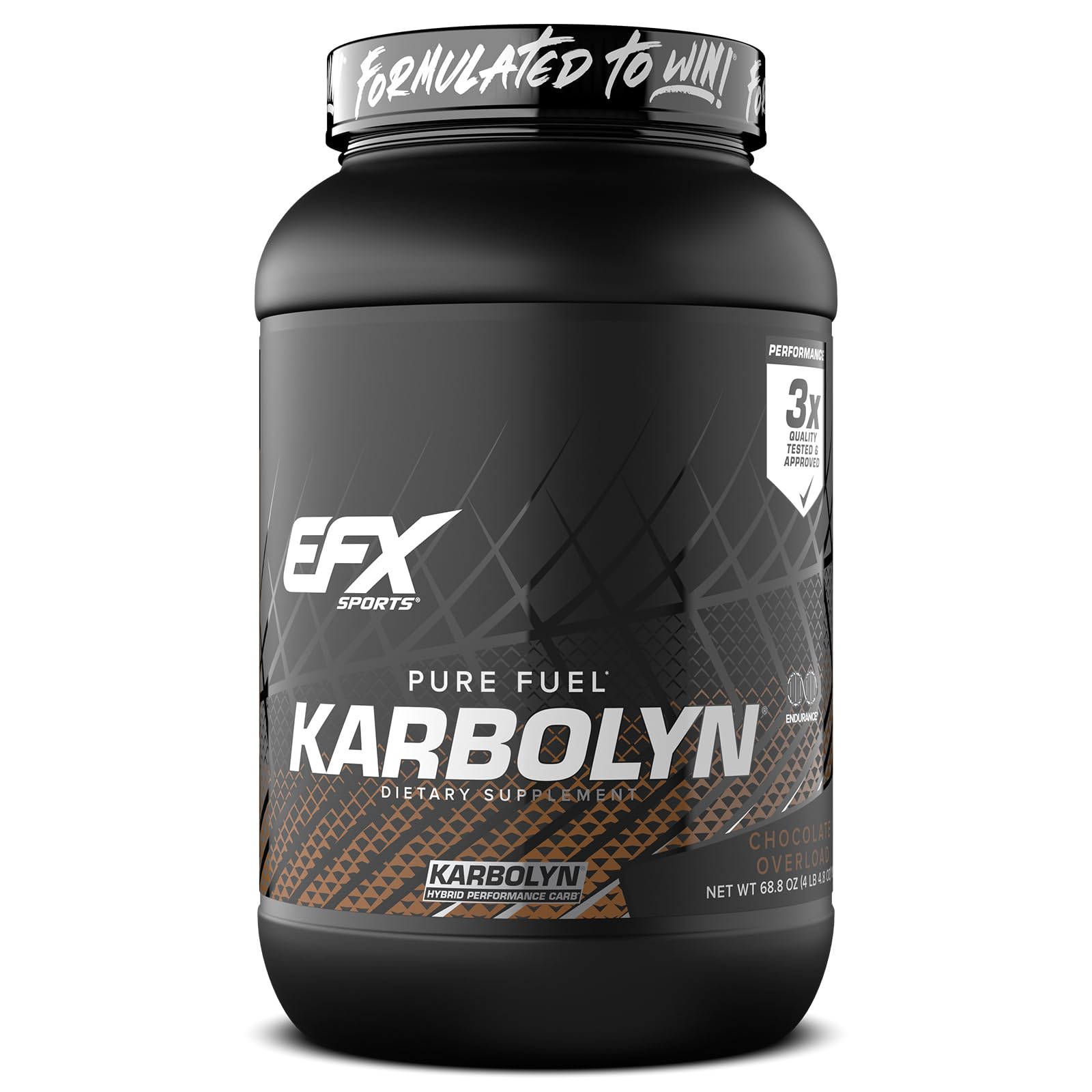 EFX Sports Karbolyn Fuel bottle close-up highlighting fast-absorbing carbohydrate for workouts.