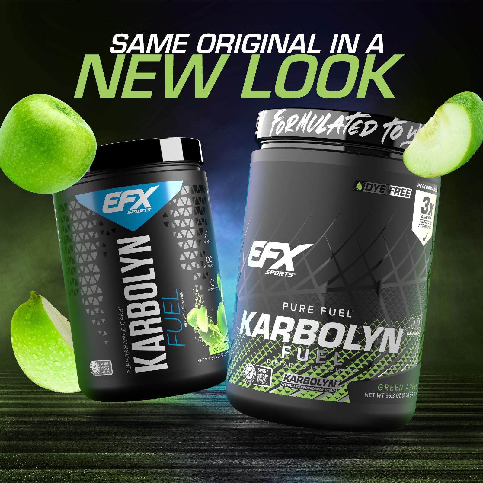 Close-up of EFX Sports Karbolyn Fuel bottle highlights stimulant-free carbohydrate source.