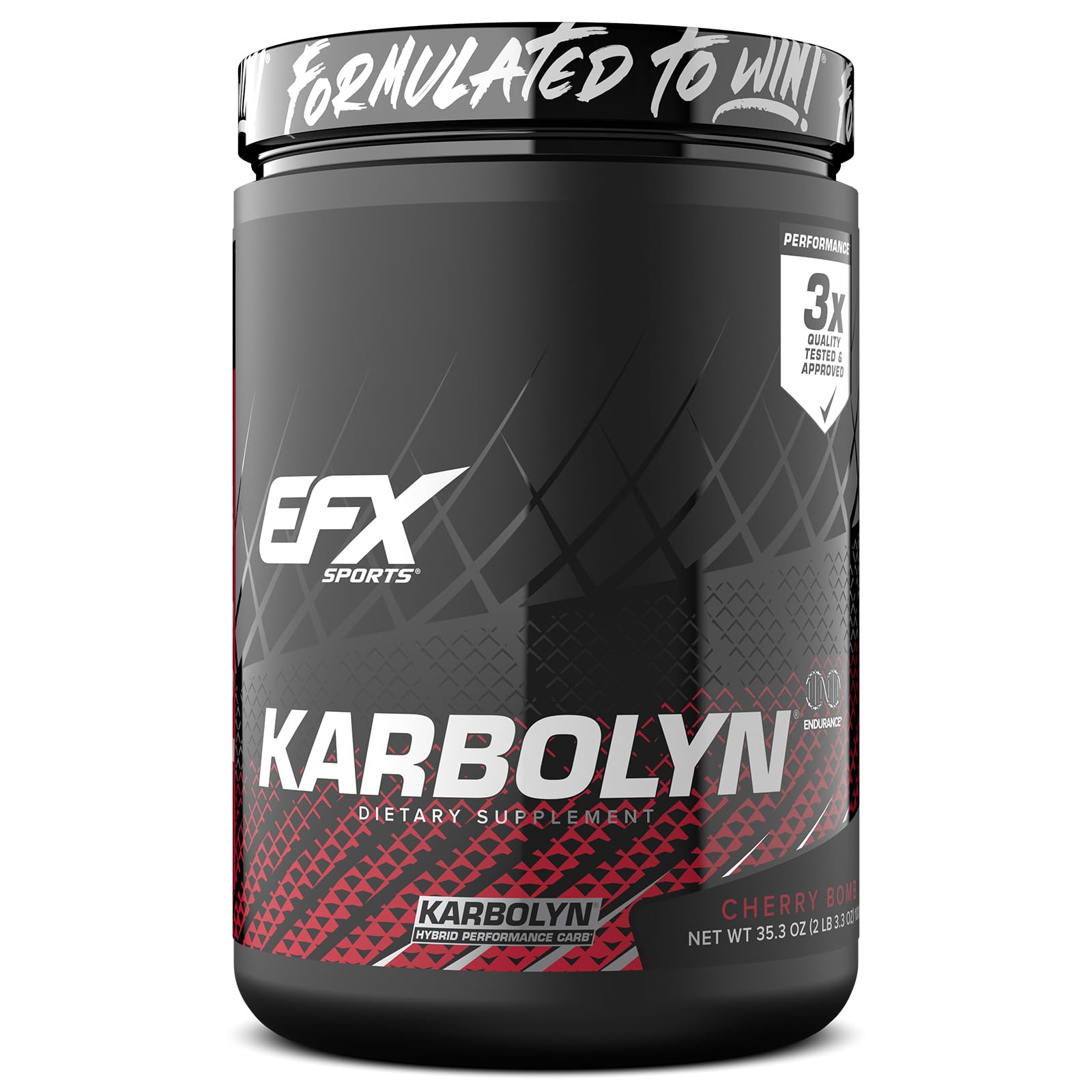 EFX Sports Karbolyn Fuel Cherry Bomb bottle front shows a clear nutrition label for quick fueling.