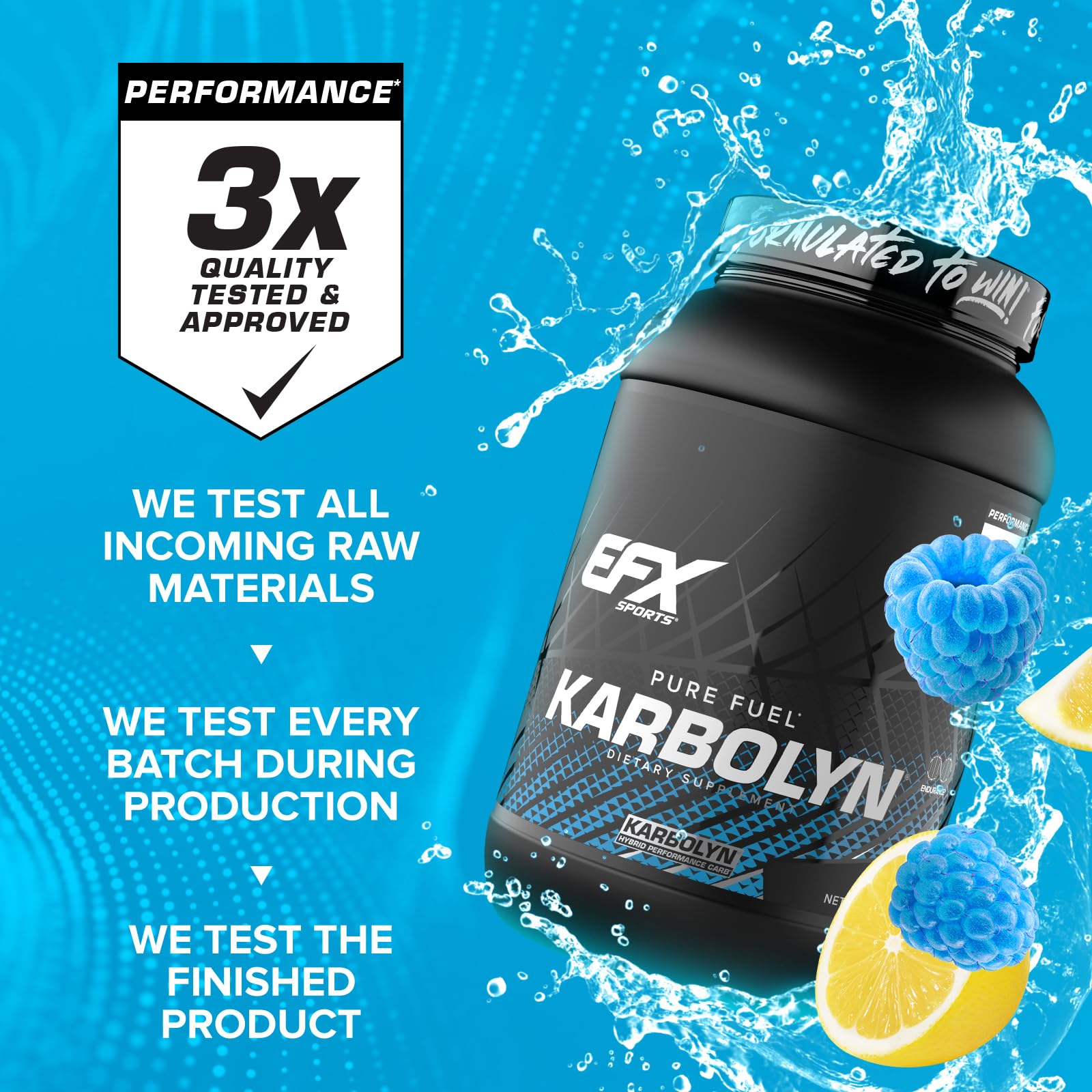 EFX Karbolyn Fuel label close-up emphasizes quality testing and clean ingredients.