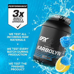 EFX Karbolyn Fuel label close-up emphasizes quality testing and clean ingredients.
