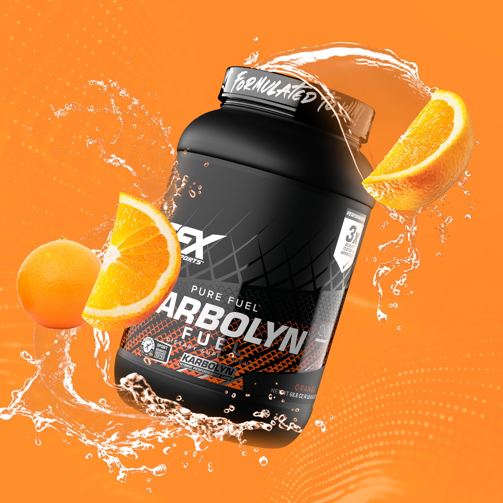 EFX Sports Karbolyn Fuel tub label showcasing 3x quality testing.
