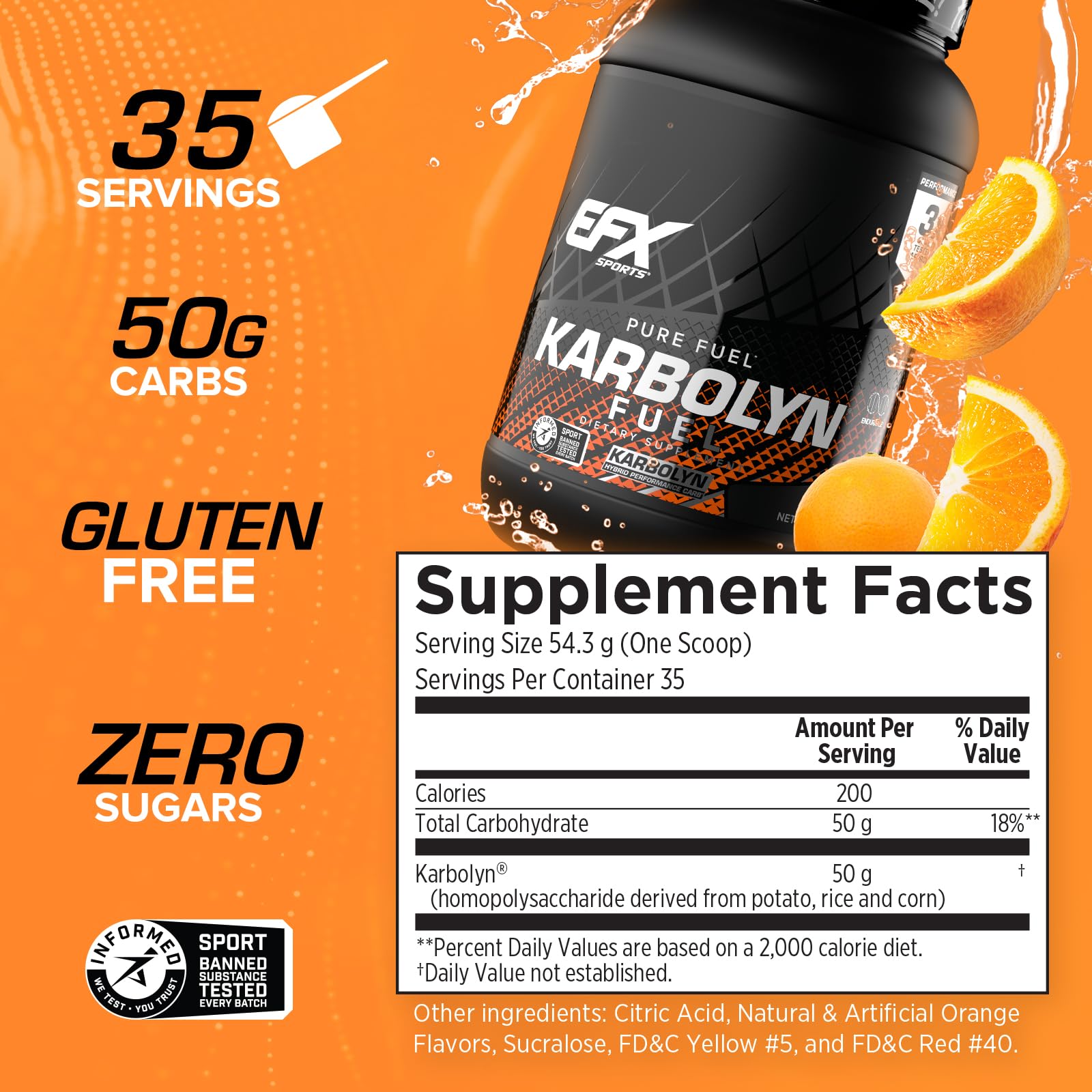 EFX Sports Karbolyn Fuel scoop with label, highlighting clean carbohydrate source.