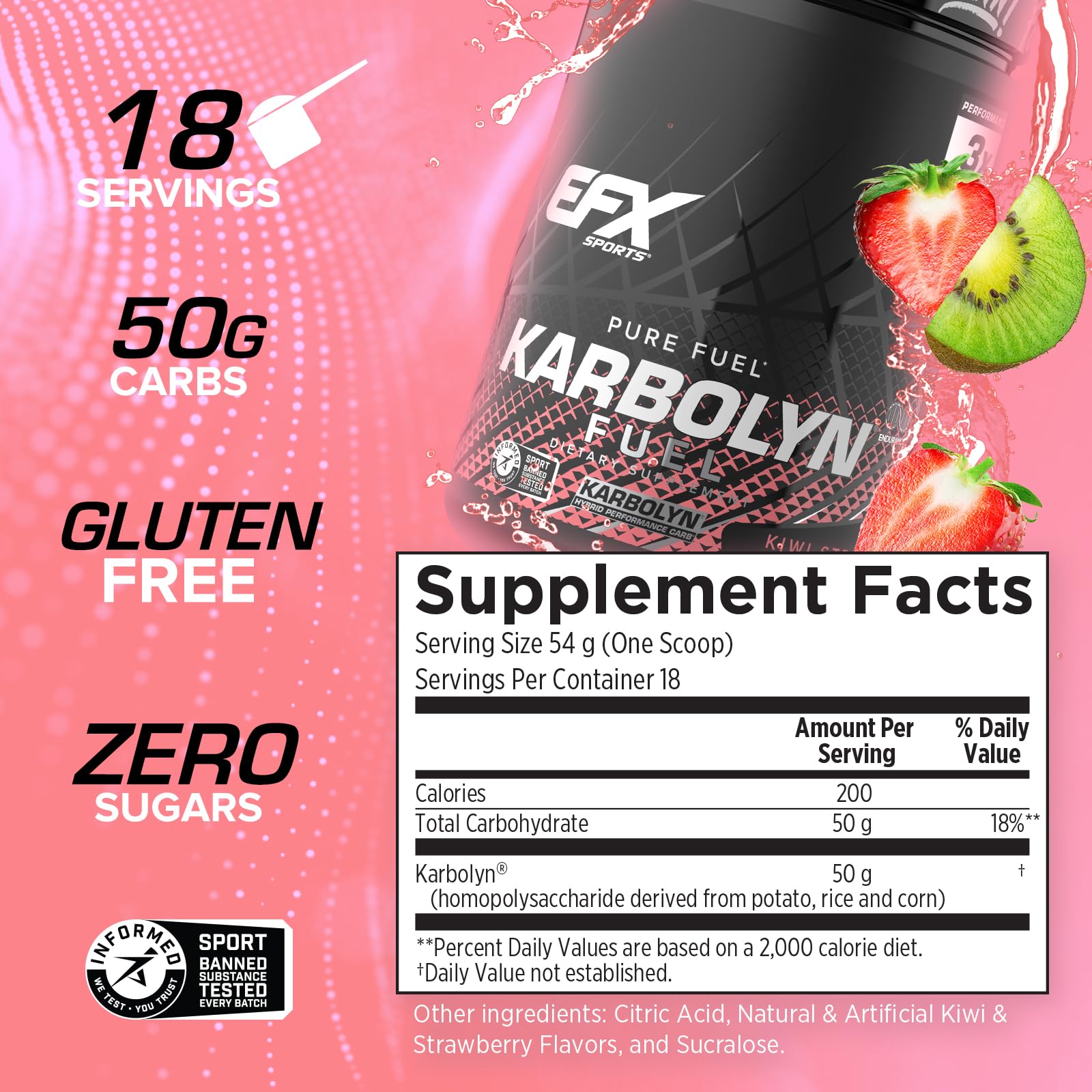 EFX Karbolyn Fuel tub front label highlights sugar-free, stimulant-free carbohydrate option