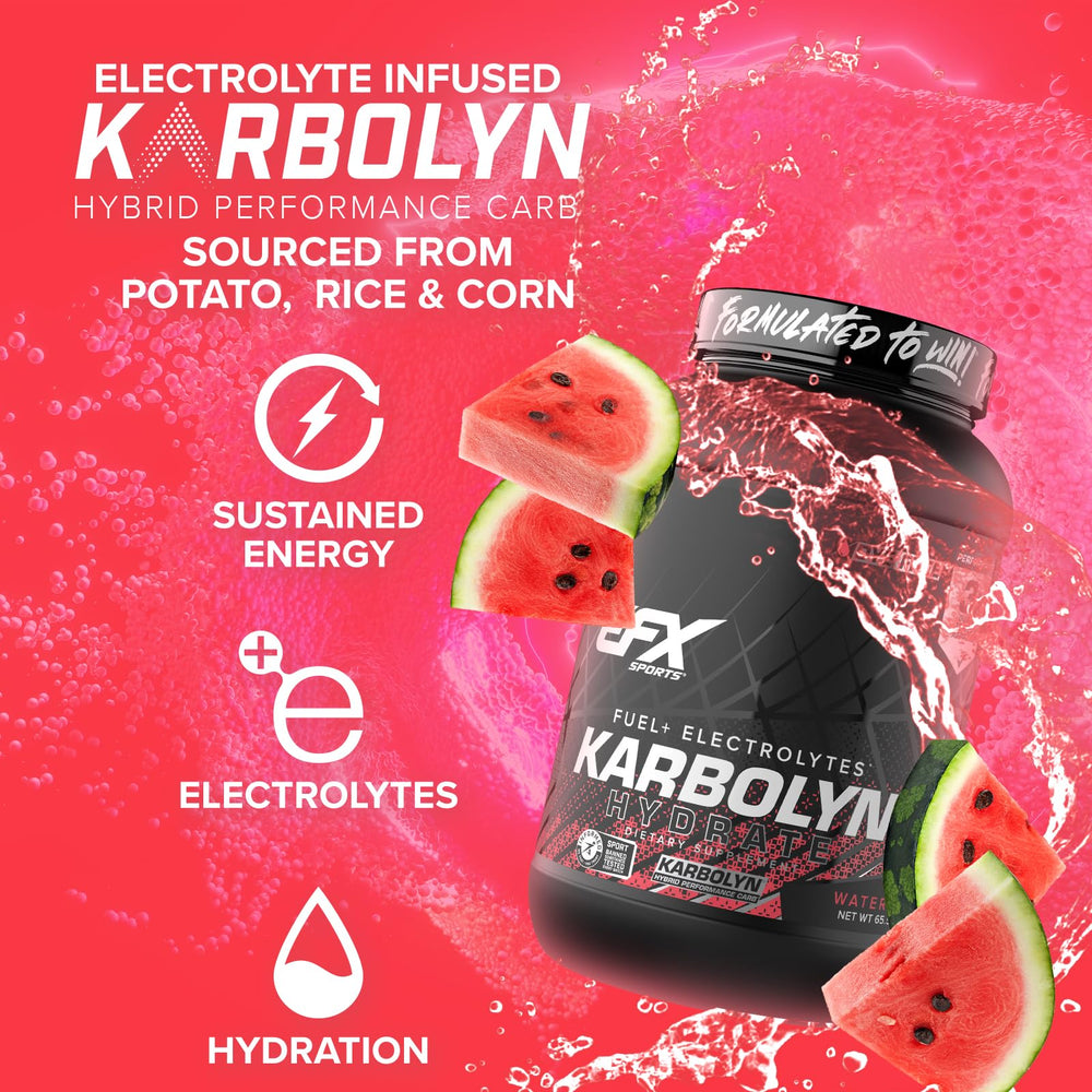 Pouring Karbolyn Hydrate into water highlights easy mixing and refreshing flavor.