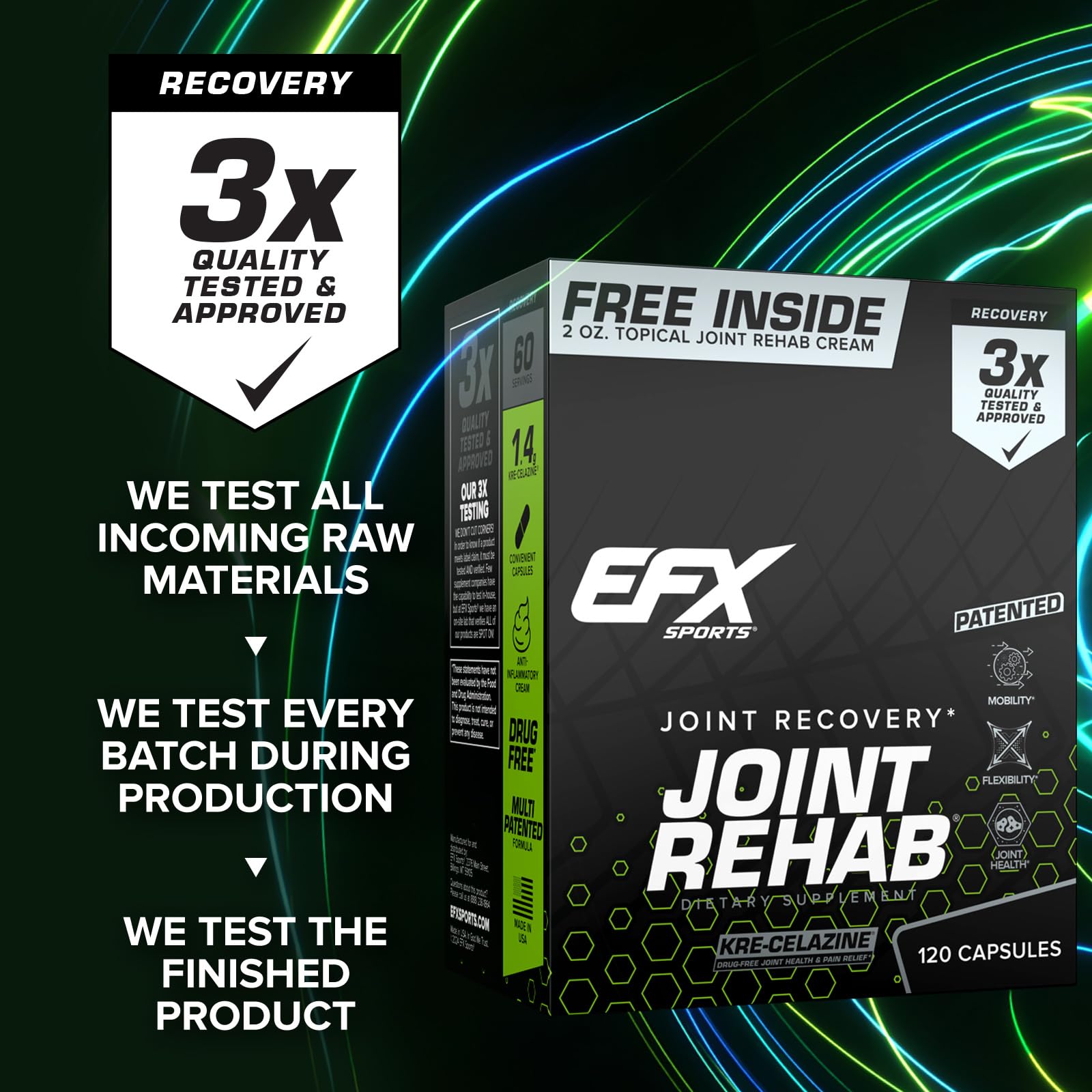 EFX Sports Kre-Alkalyn creatine bottle emphasizes buffered creatine support.