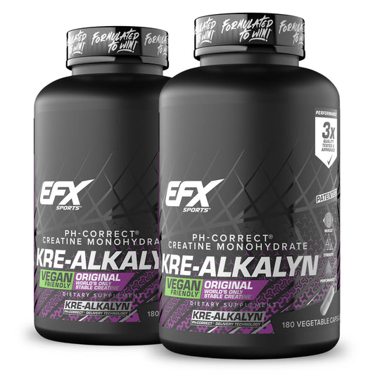 EFX Kre-Alkalyn EFX bottle front with vegan-friendly creatine for workouts