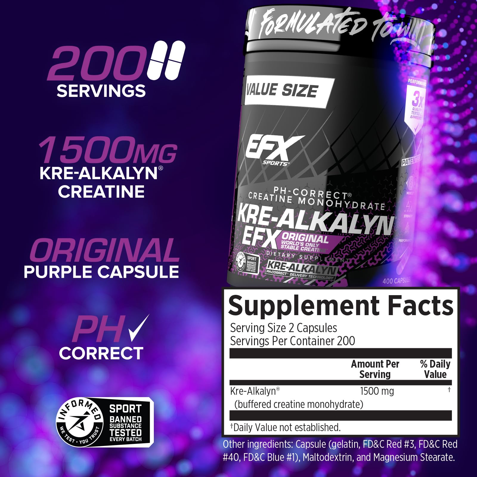 Close-up of Kre-Alkalyn EFX capsules in bottle for easy dosing.