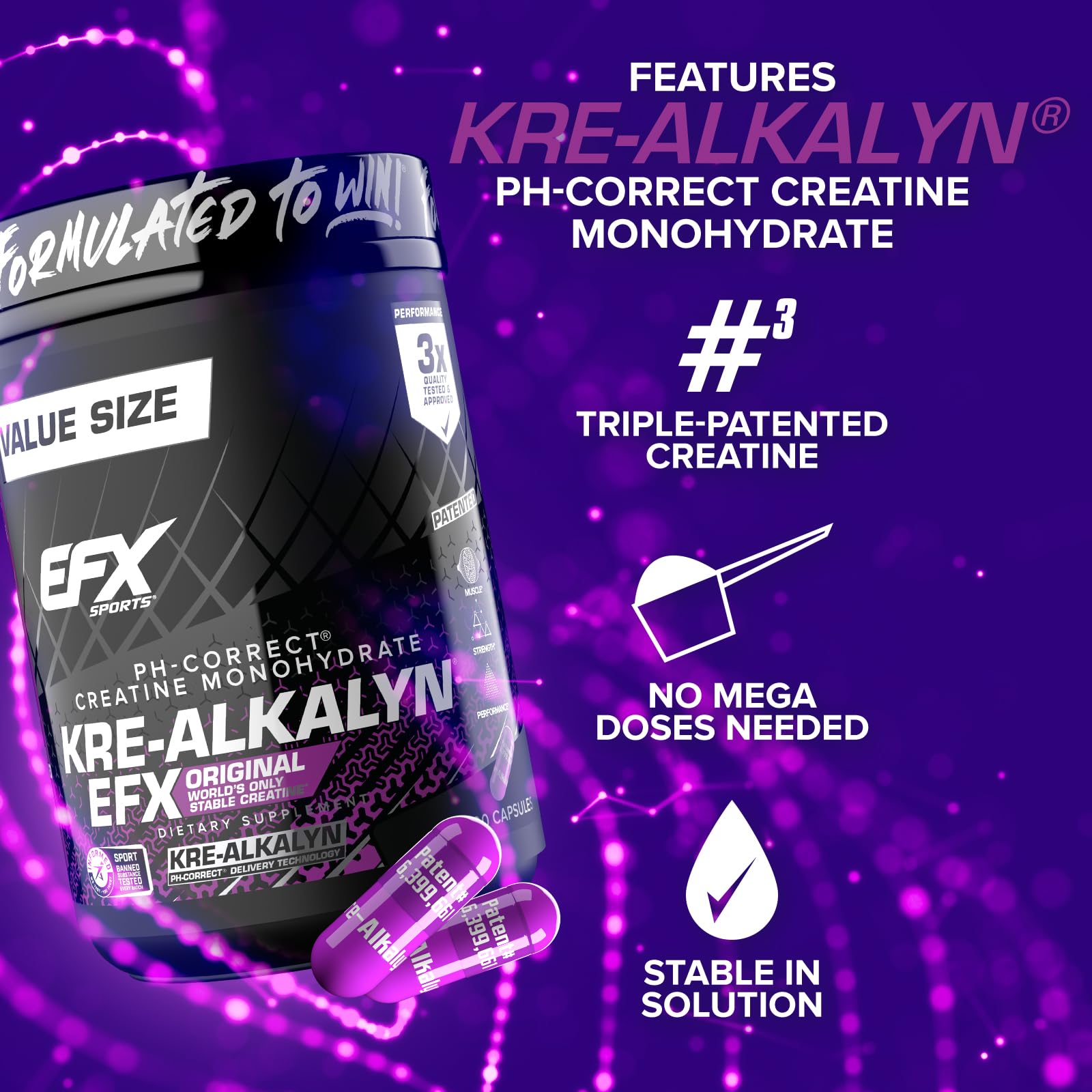 Front label of EFX Kre-Alkalyn EFX showing product details and serving size.