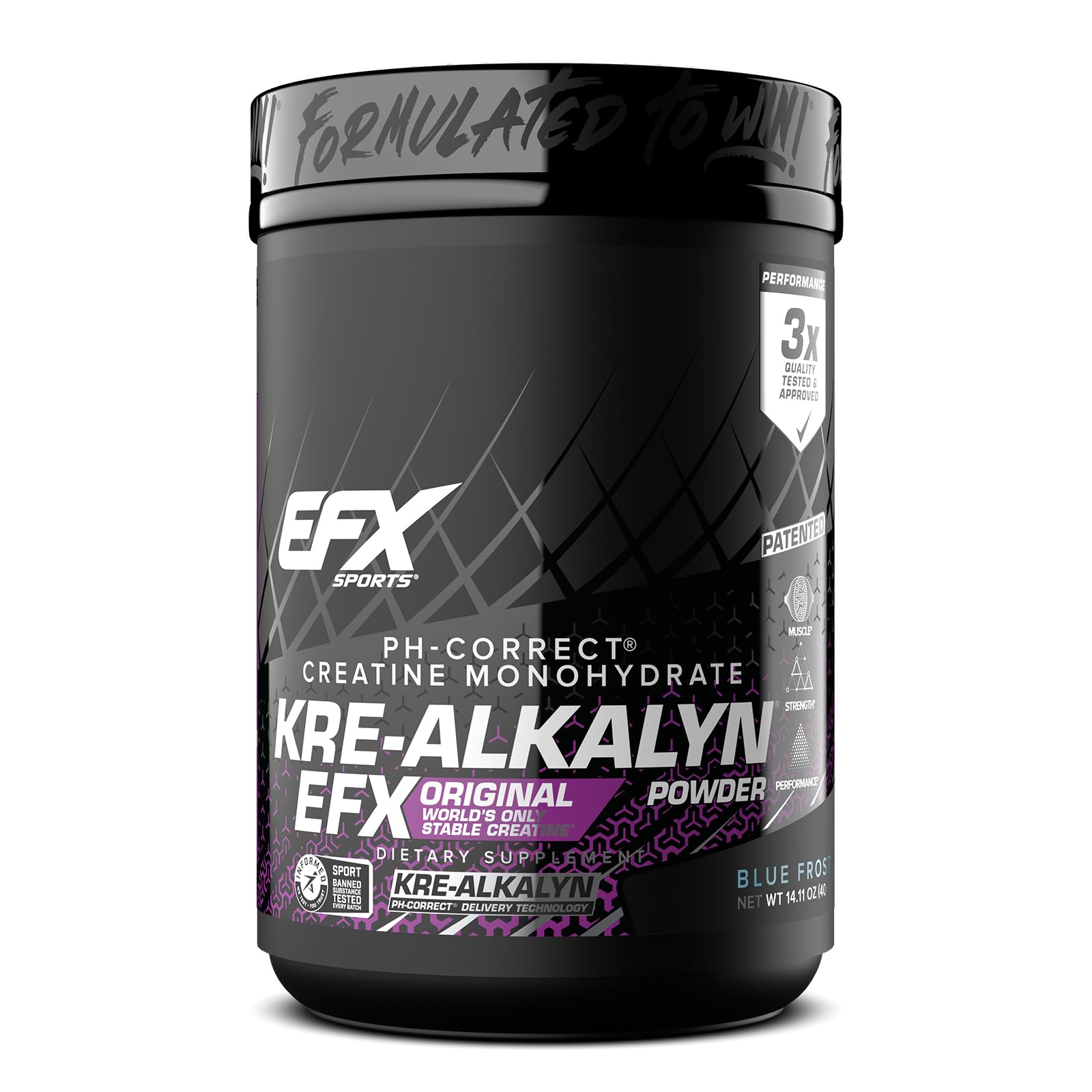 EFX Kre-Alkalyn EFX powder in blue frost tub for stable creatine intake.