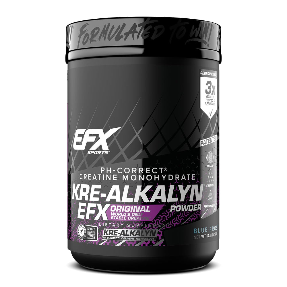 EFX Kre-Alkalyn EFX powder in blue frost tub for stable creatine intake.