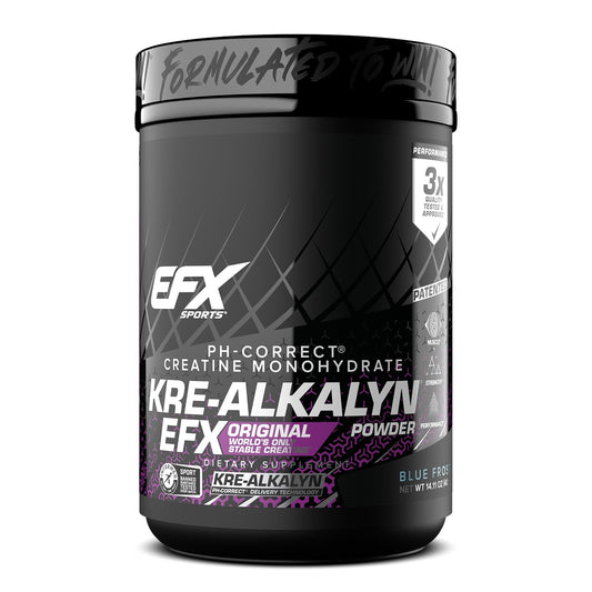 EFX Kre-Alkalyn EFX powder in blue frost tub for stable creatine intake.