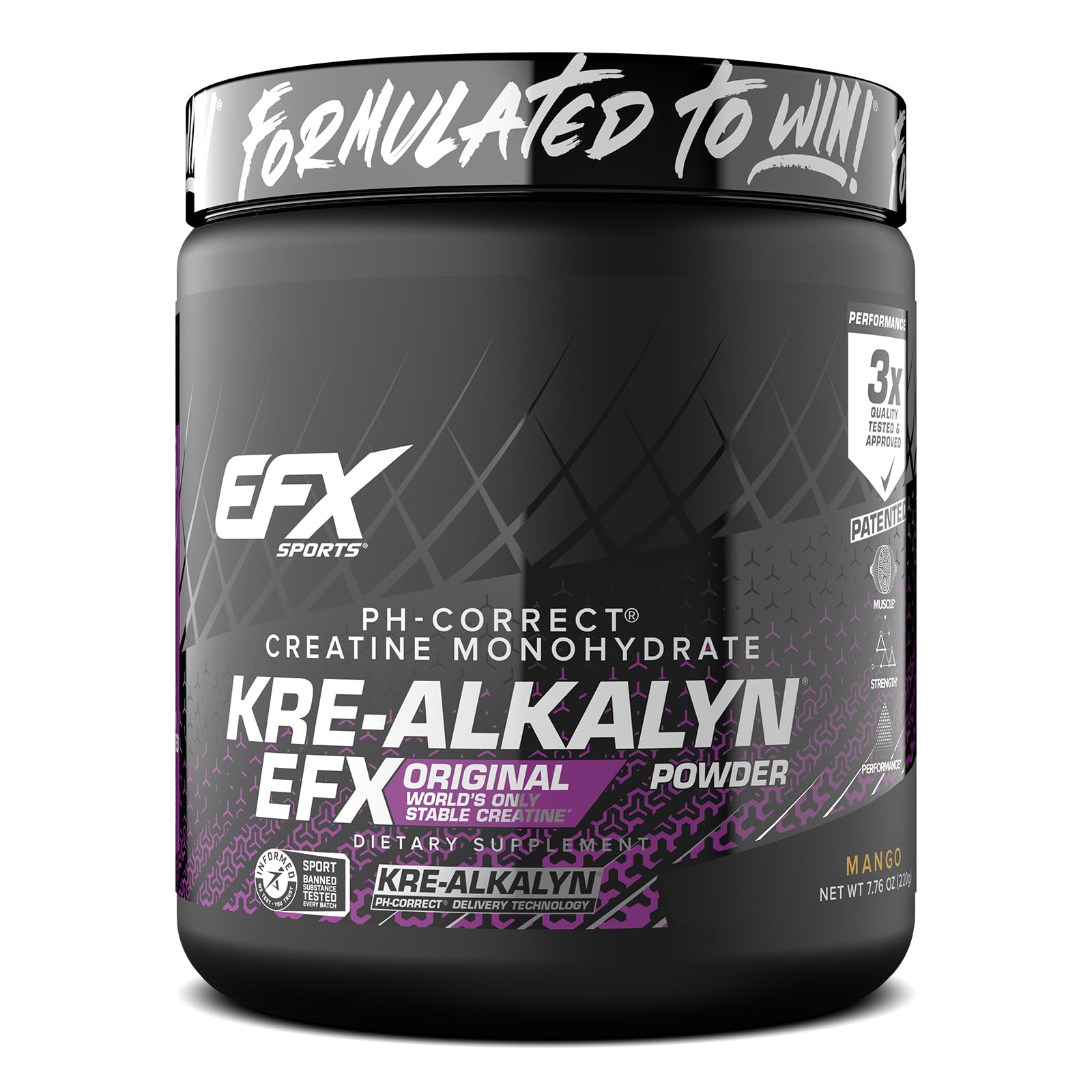 EFX Kre-Alkalyn EFX Powder bottle with mango flavor and premium design.