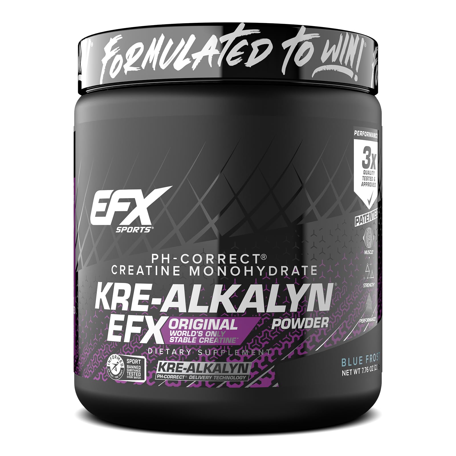 EFX Kre-Alkalyn EFX powder bottle showing high-purity creatine for strength support.
