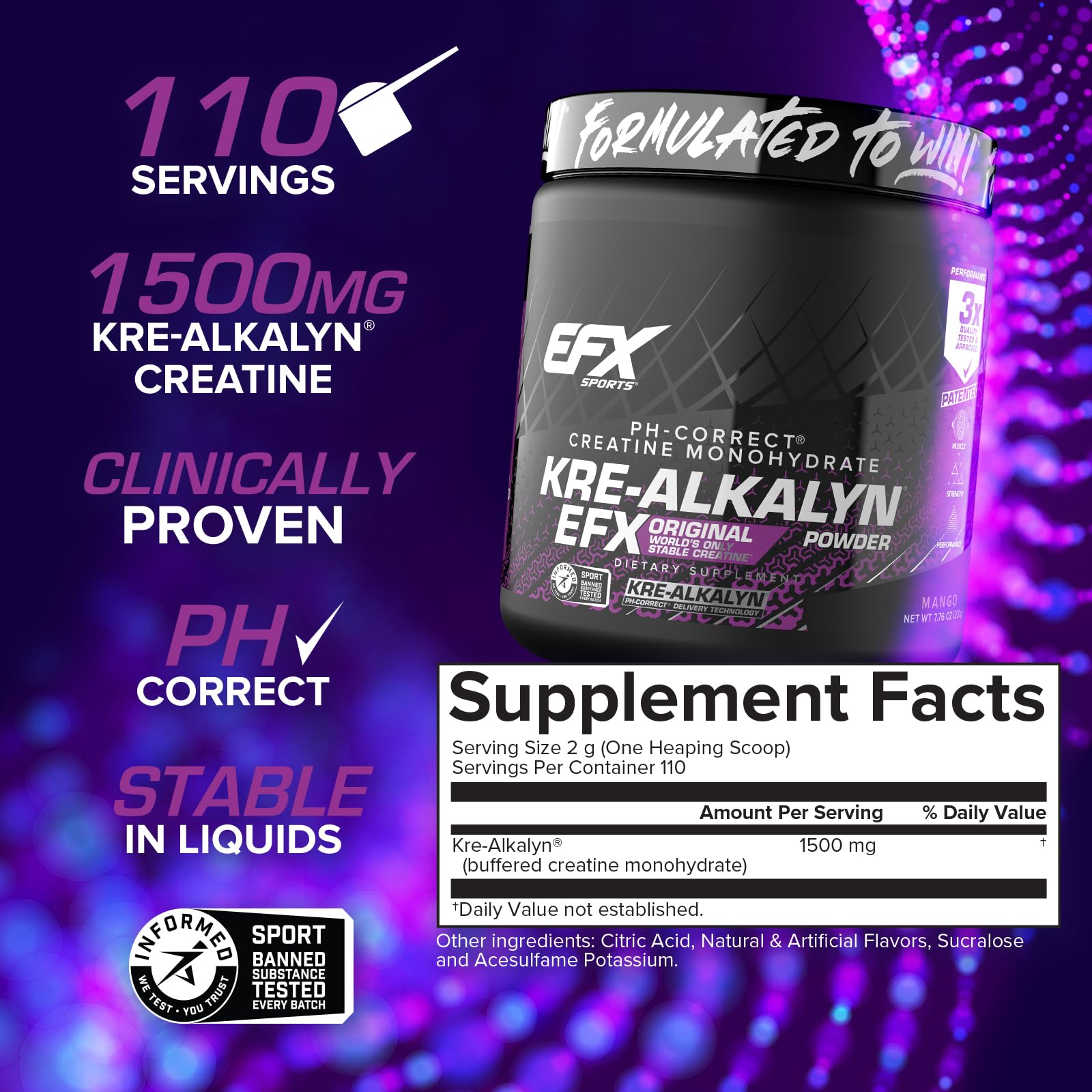 Close-up of the label highlighting pH-stable creatine monohydrate.