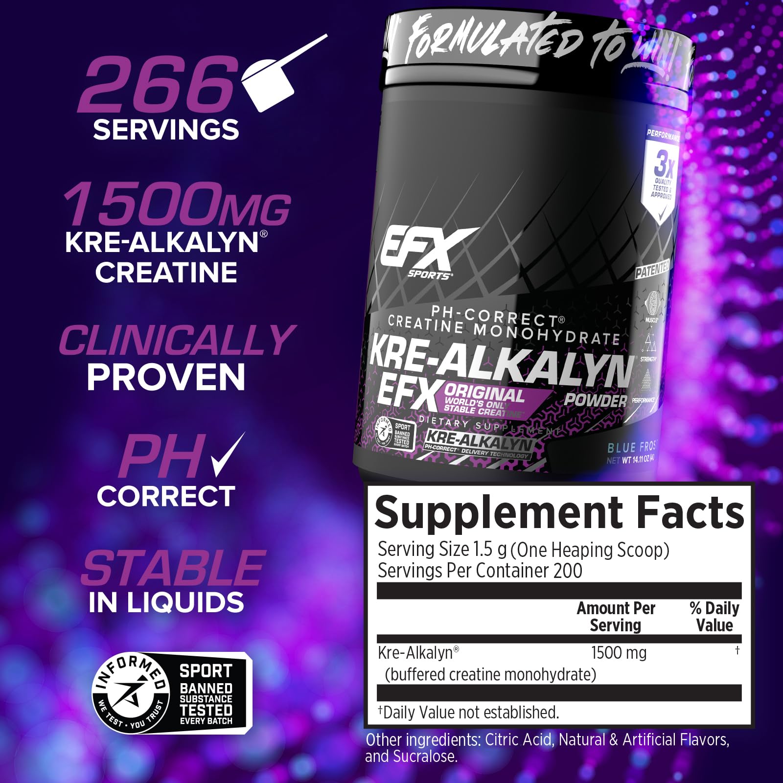 Scoop of Kre-Alkalyn EFX powder showing easy 1.5–3 g serving.