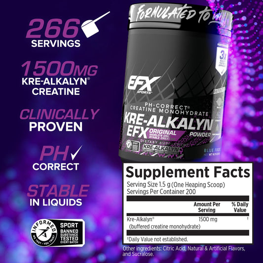 Scoop of Kre-Alkalyn EFX powder showing easy 1.5–3 g serving.