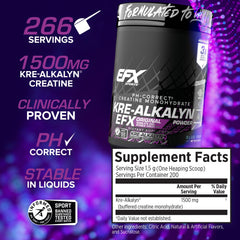 Scoop of Kre-Alkalyn EFX powder showing easy 1.5–3 g serving.