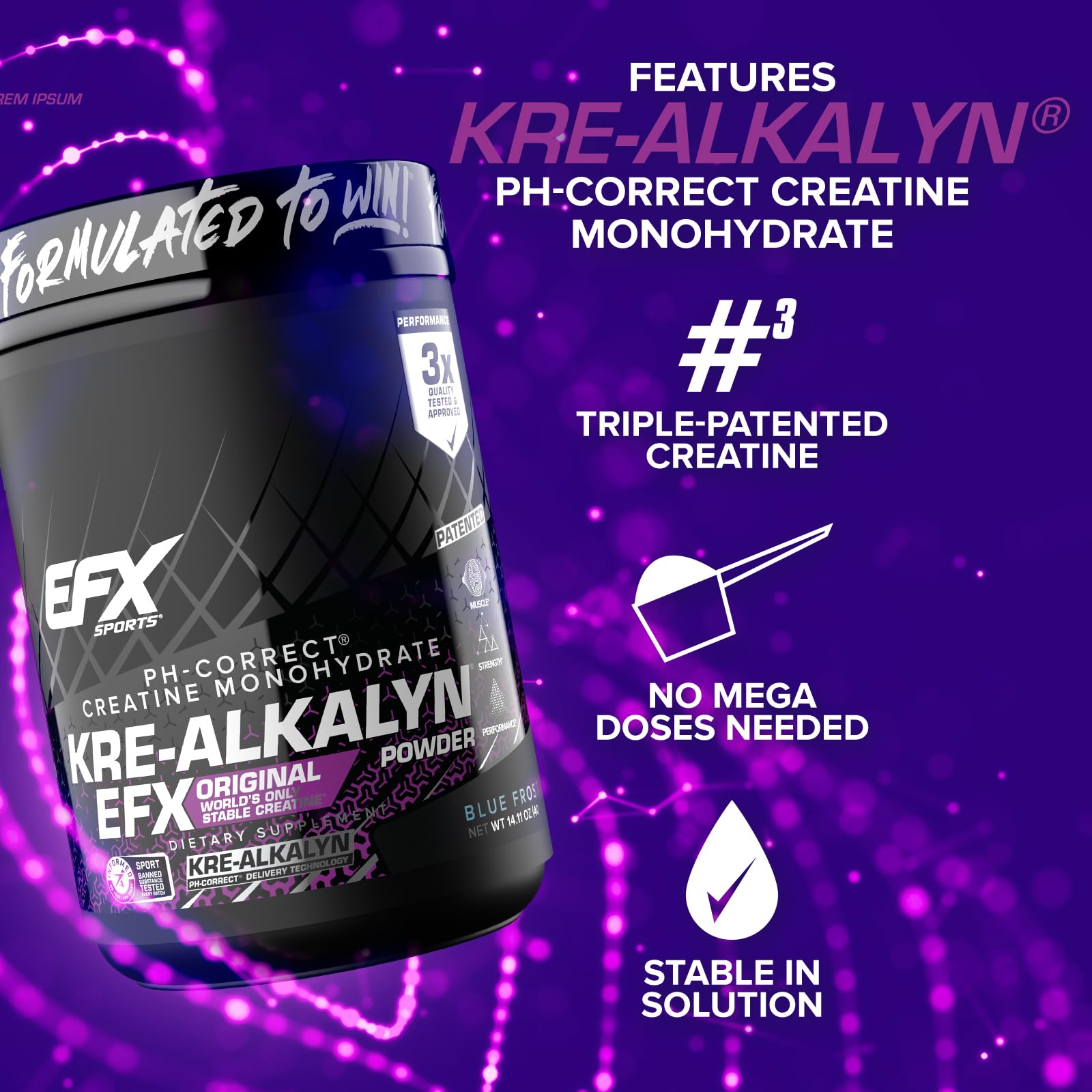 Unflavored Kre-Alkalyn EFX powder in blue frost tub.