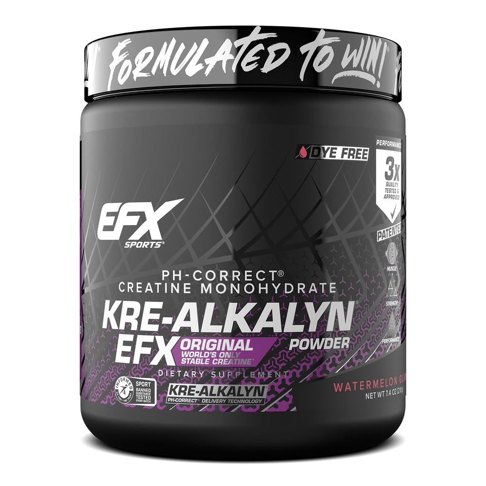 EFX Kre-Alkalyn EFX powder watermelon bottle shown for convenient daily creatine support