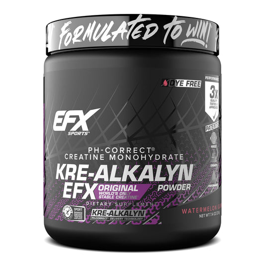EFX Kre-Alkalyn EFX powder watermelon bottle shown for convenient daily creatine support