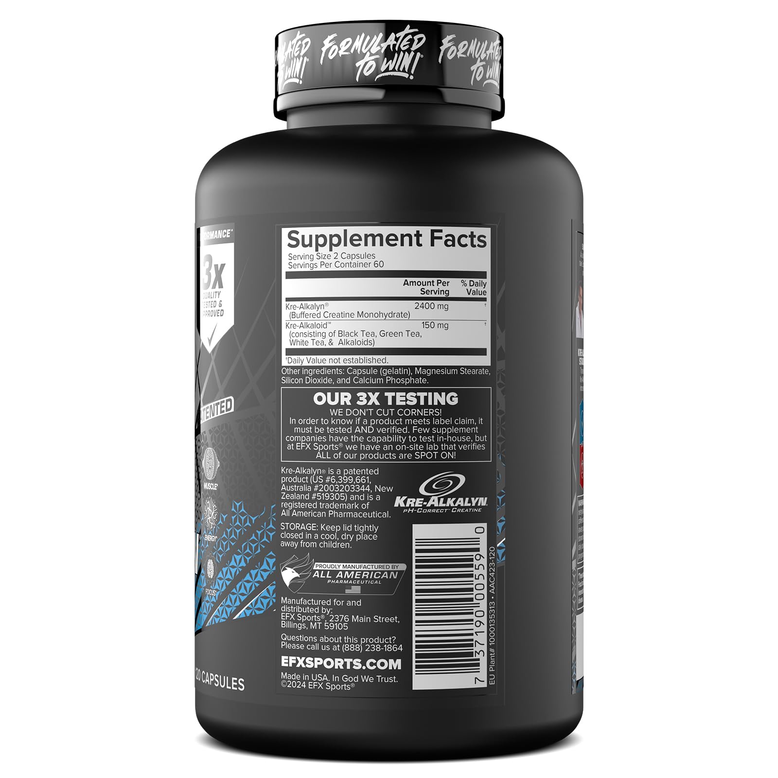 EFX Kre-Alkalyn Pro daily-use capsules ready for workouts