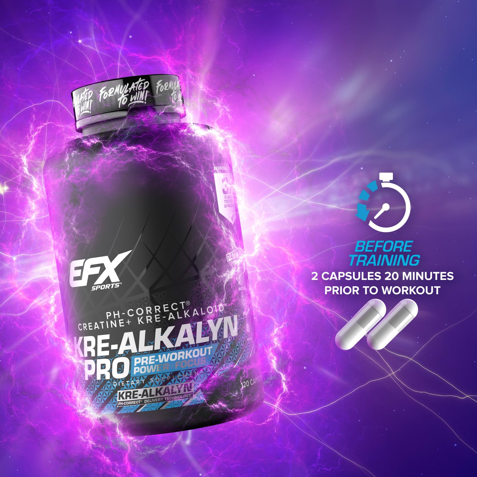 EFX Kre-Alkalyn Pro quality-testing badge shown