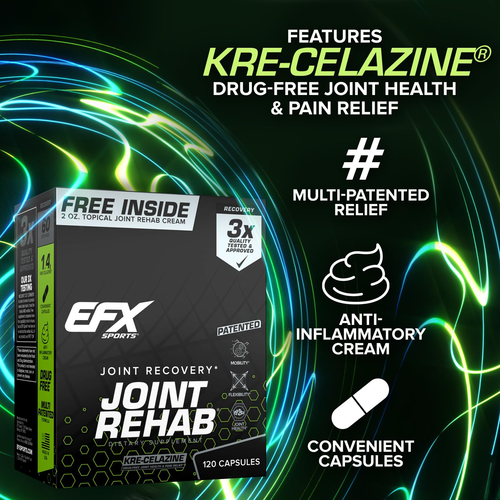 EFX Sports Kre-Celazine bottle highlights patented matrix for internal joint health.