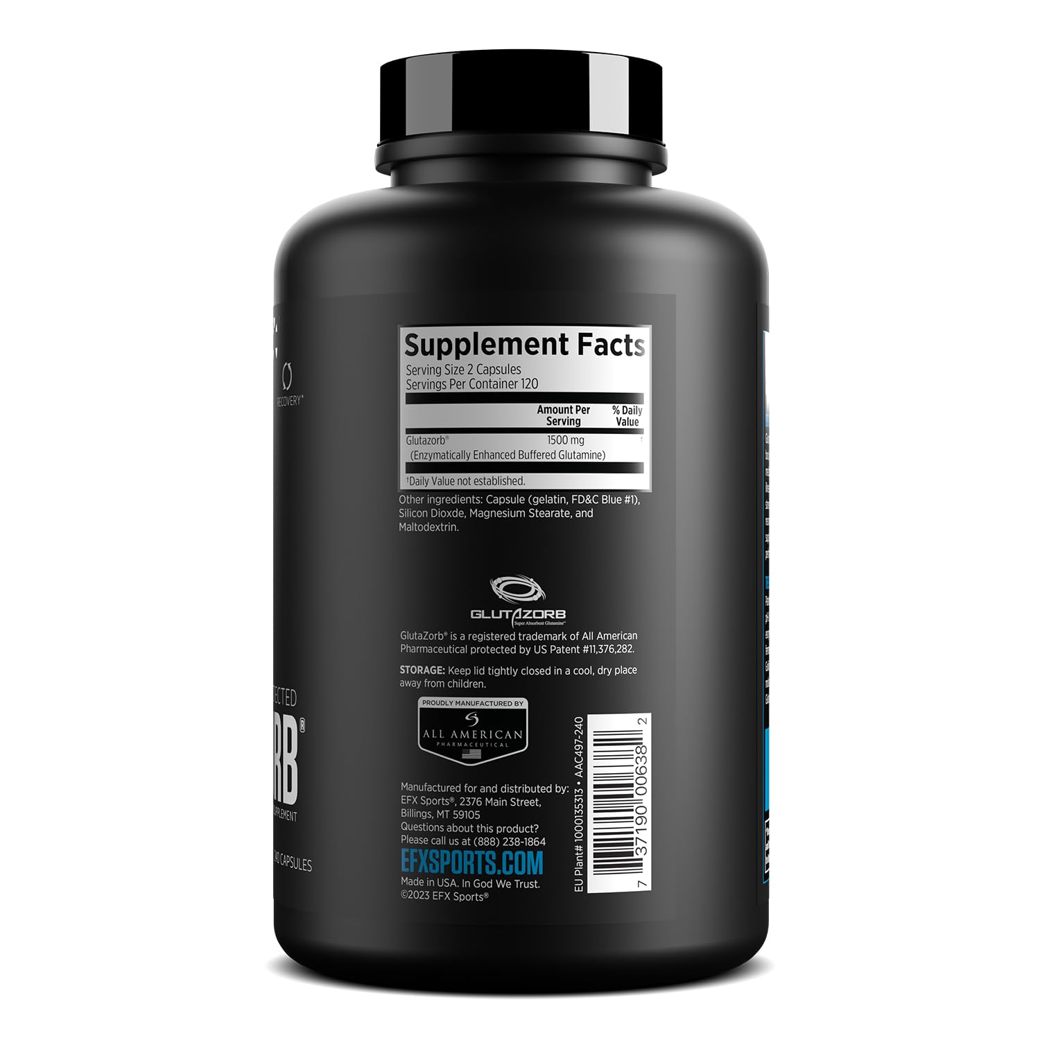 EFX Training Ground Glutazorb caps beside glass of water for daily intake.