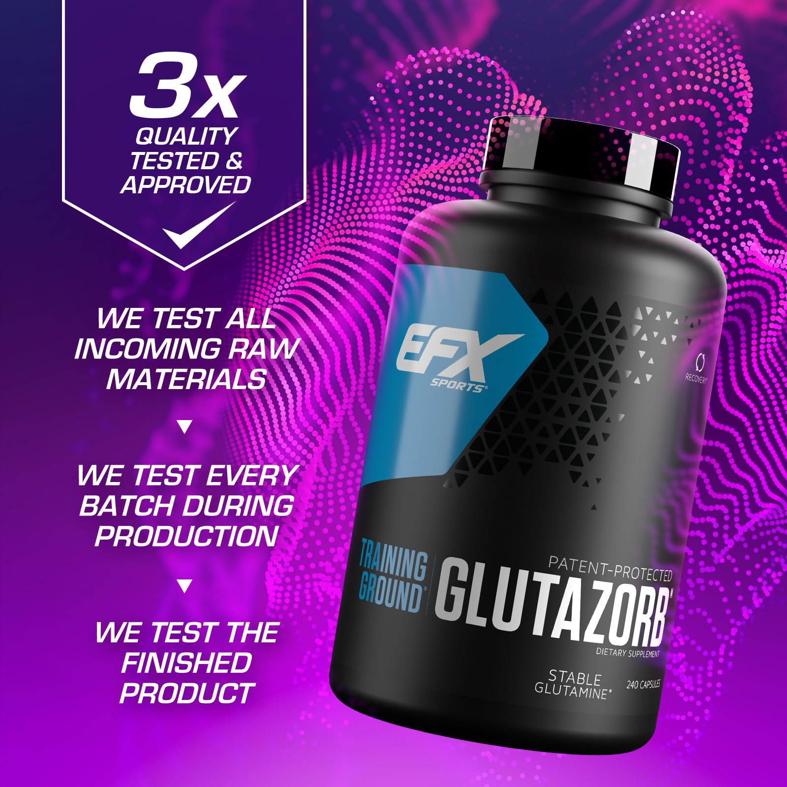 EFX Training Ground Glutazorb packaging shows in-house production and QA.
