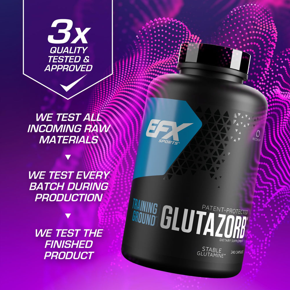EFX Training Ground Glutazorb packaging shows in-house production and QA.