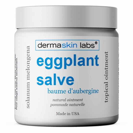 Eggplant Salve jar, 4 oz, for skin care and potential support of discolored areas.