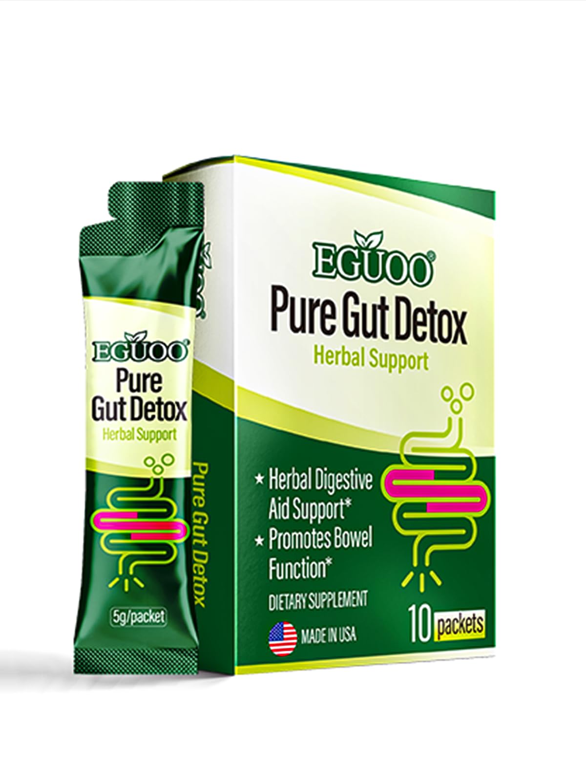 EGUOO Pure Gut Detox packets shown for daily cleanse and refreshment