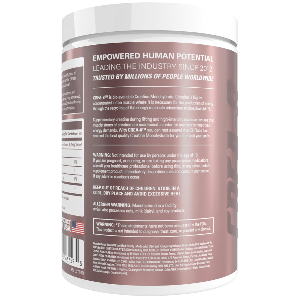 EHP Labs CREA-8 micronized creatine powder for quick saturation.