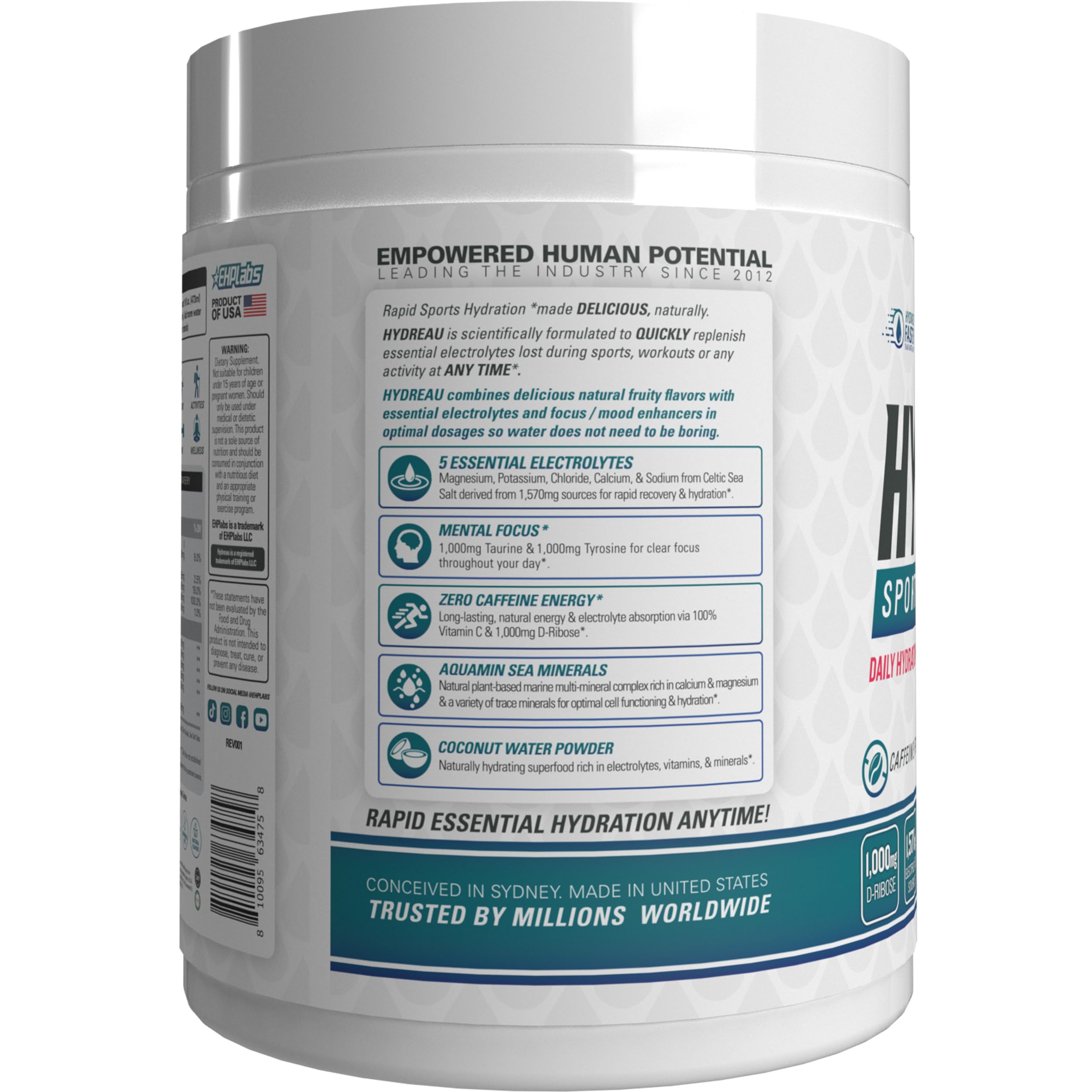 EHP Labs Hydreau kiwi strawberry powder dissolves easily for a refreshing drink.