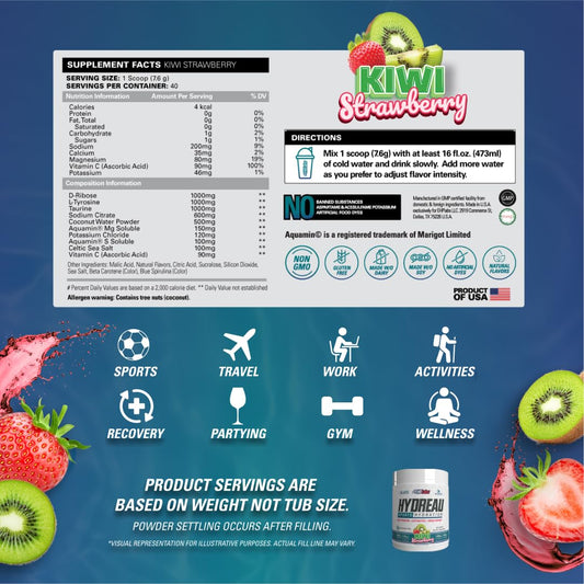 Hydreau kiwi strawberry glass ready for steady energy and hydration during workouts.