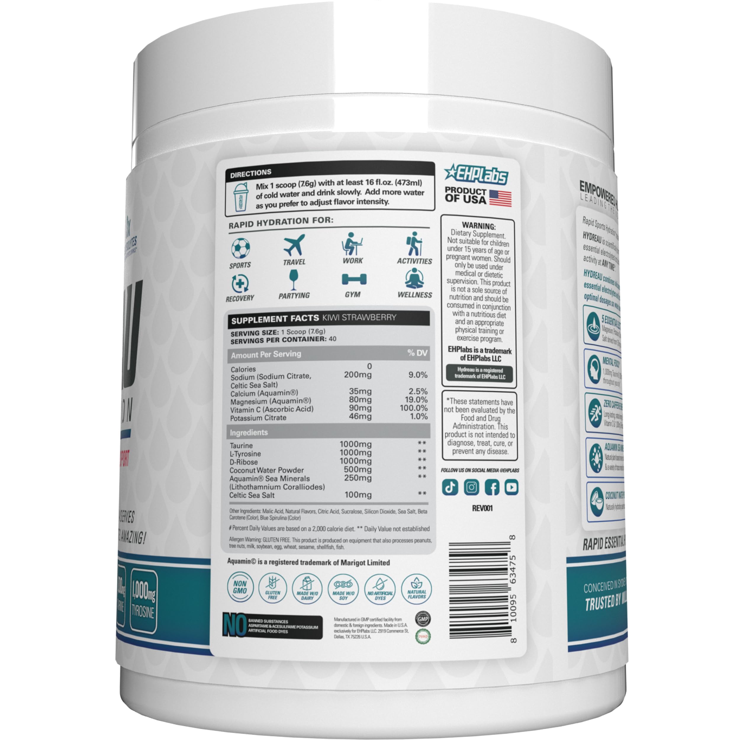 EHP Labs Hydreau pack close-up emphasizes convenient travel packaging.