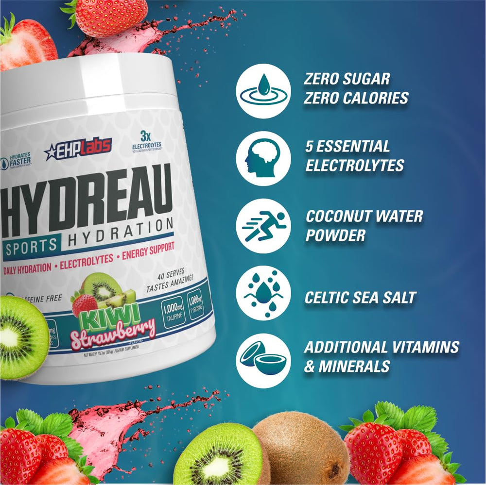 EHP Labs Hydreau kiwi strawberry tub front showcases a sugar-free formula.