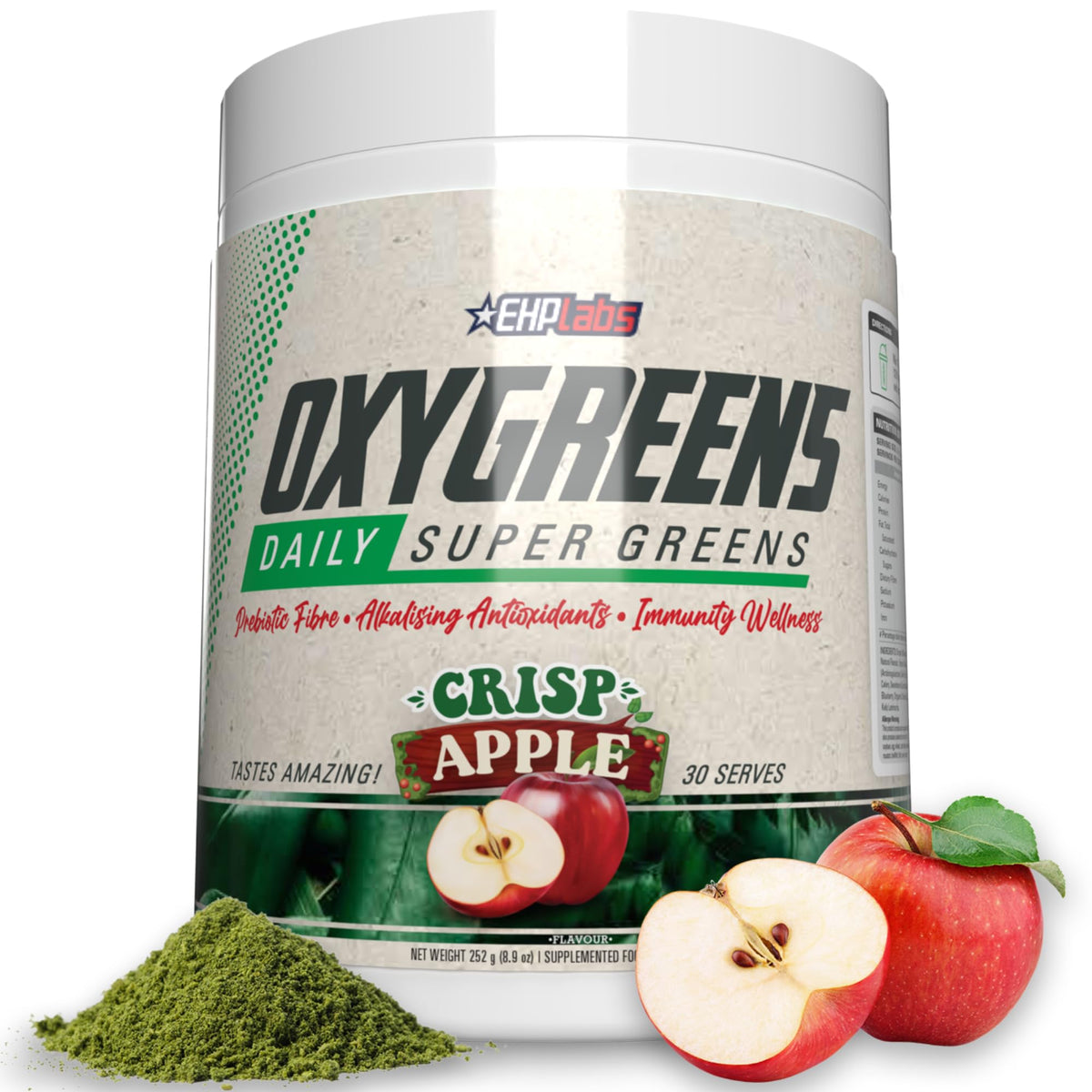 EHP Labs OxyGreens bottle and scoop for convenient daily veggie intake.