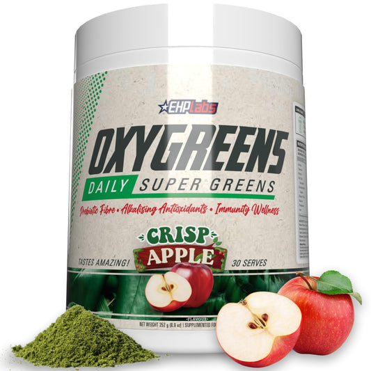 EHP Labs OxyGreens bottle and scoop for convenient daily veggie intake.