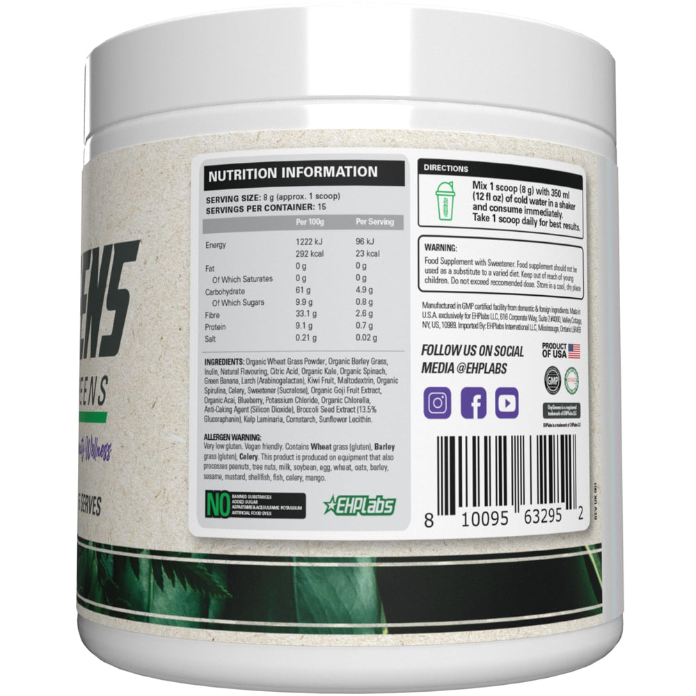 EHP Labs OxyGreens daily use bottle on kitchen counter.