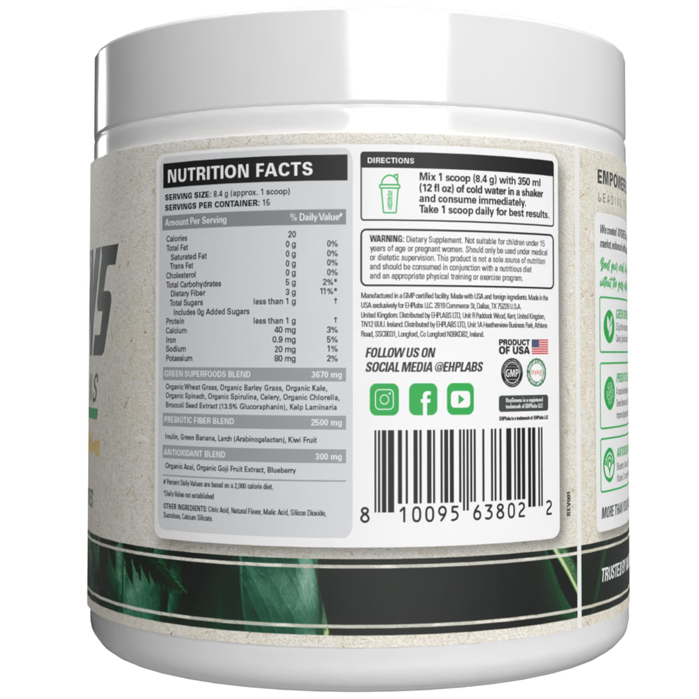 OxyGreens easy-mix powder blending into smoothie for a quick greens boost.
