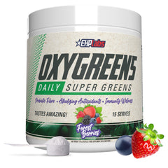EHP Labs OxyGreens forest-berries tub on shelf, antioxidant greens for daily nutrition.