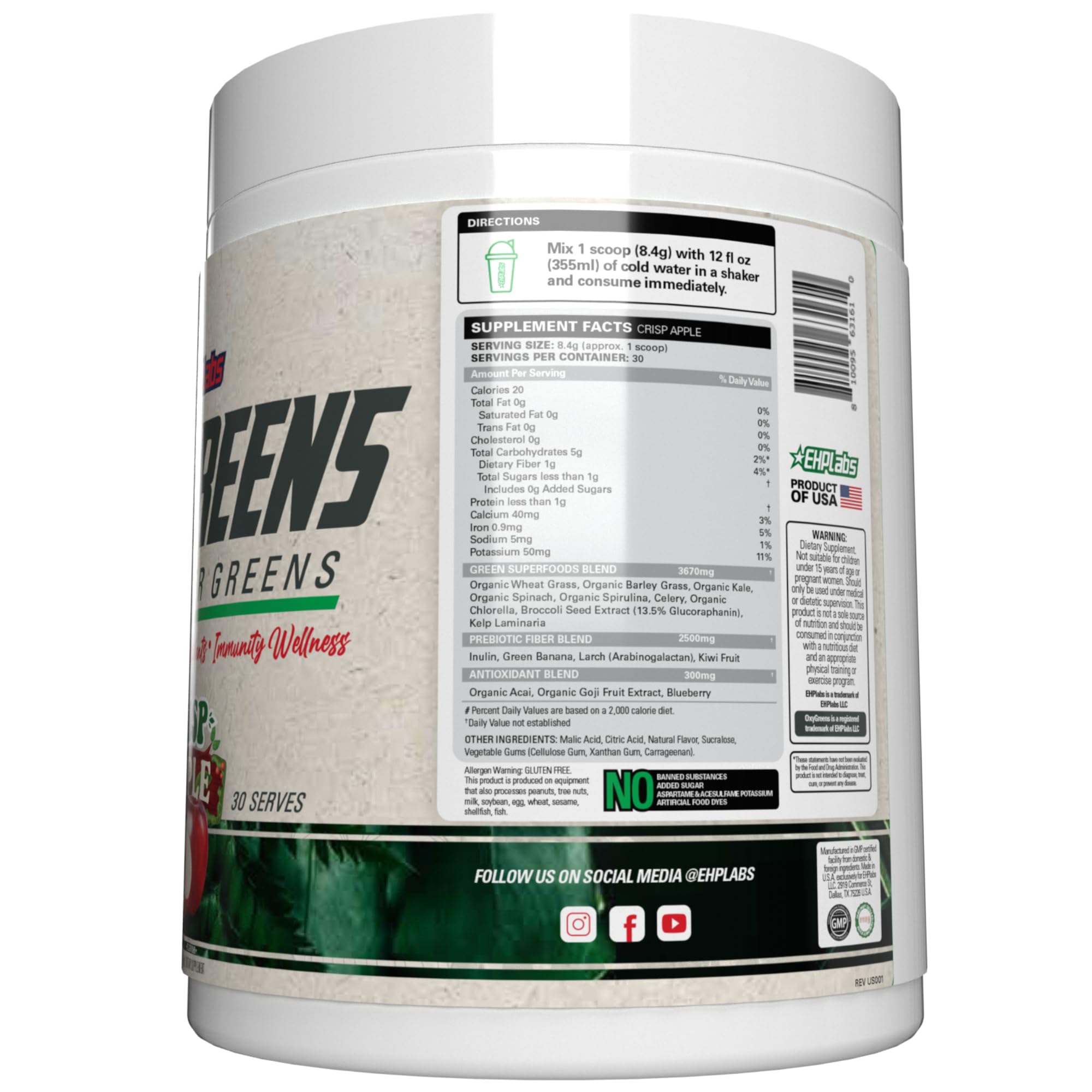 EHP Labs OxyGreens green juice setup demonstrating easy mix into a smoothie for energy.