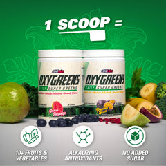 EHP Labs OxyGreens greens ingredients image showing kelp and leafy greens variety.